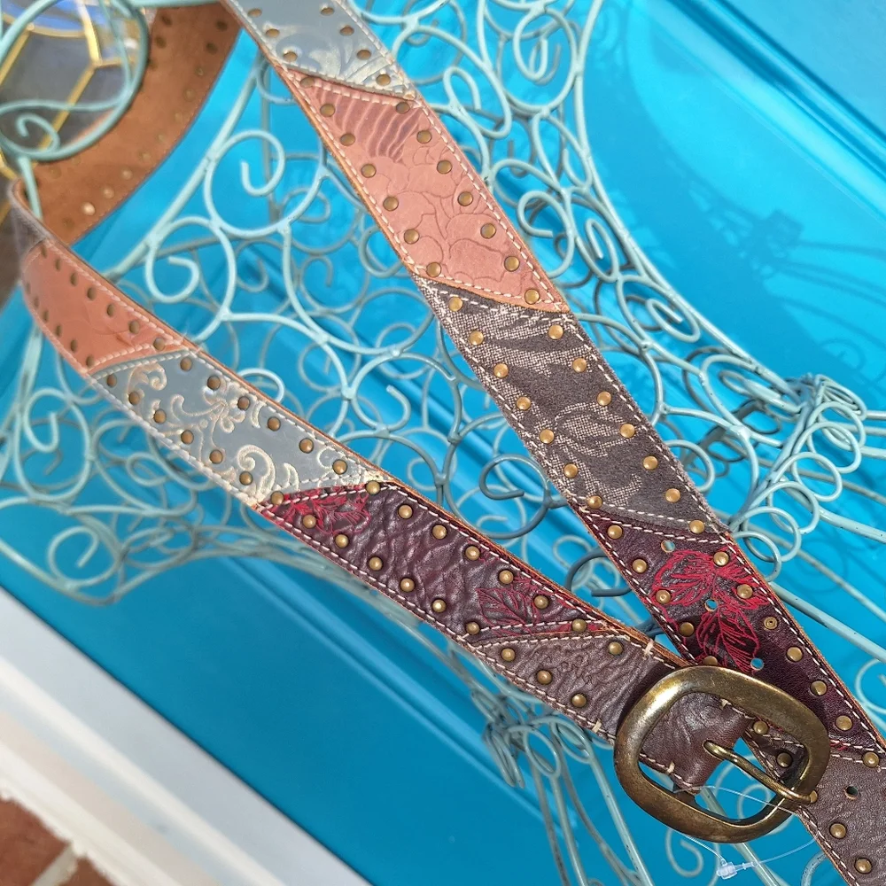 Genuine Leather Belt Metal Studded Embossed Patchwork Bohemian Tooled Womens - Picture 8 of 16